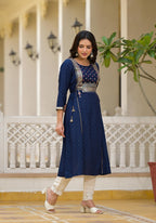 Juniper Blue Solid Rayon Kurta With Sequins & Doris