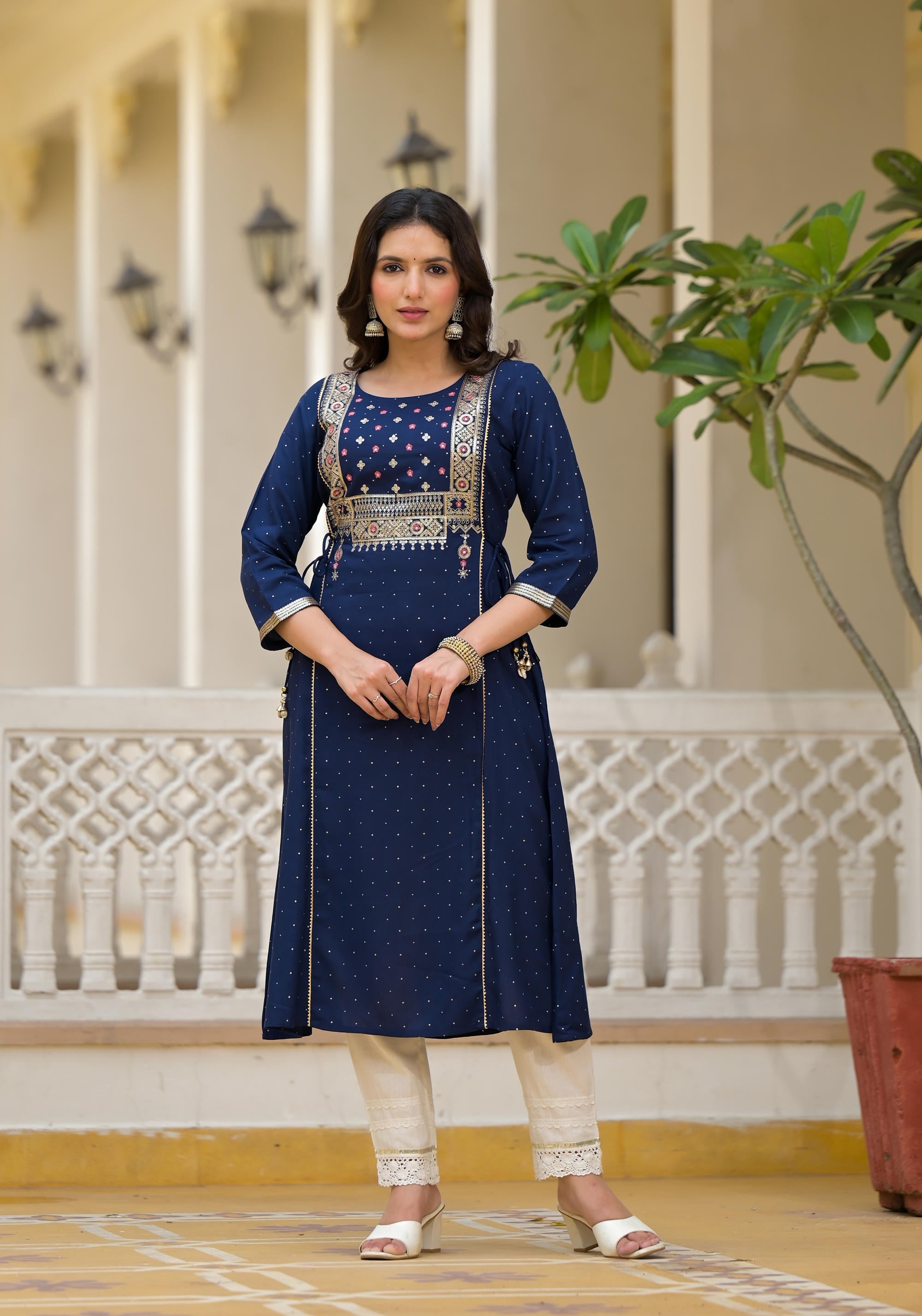 Juniper Blue Solid Rayon Kurta With Sequins & Doris