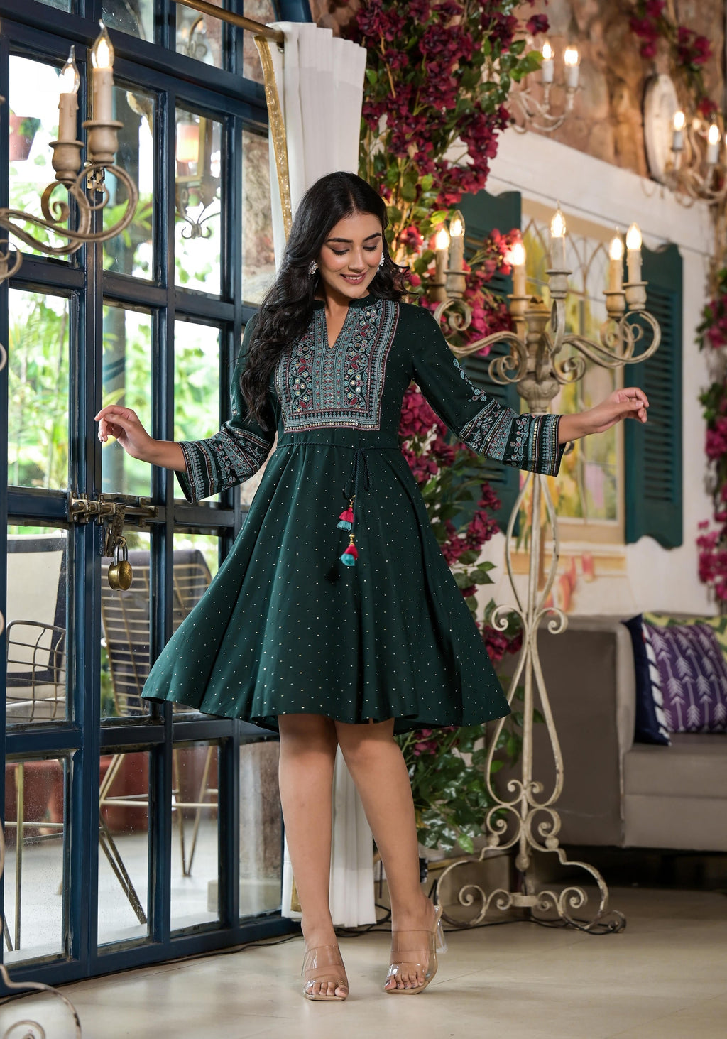 Juniper Green Ethnic Motif Printed Liva Rayon Dress With Dori & Sequin - Distacart