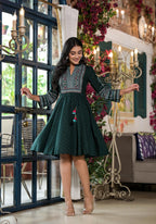Juniper Green Ethnic Motif Printed Liva Rayon Dress With Dori & Sequin - Distacart
