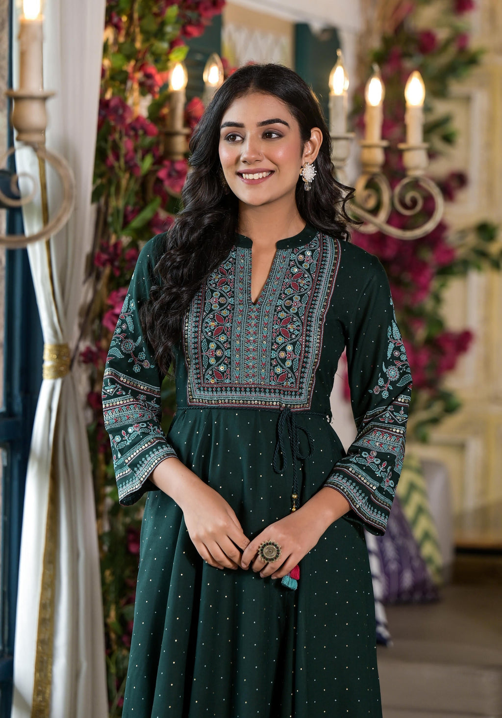 Juniper Green Ethnic Motif Printed Liva Rayon Dress With Dori & Sequin - Distacart