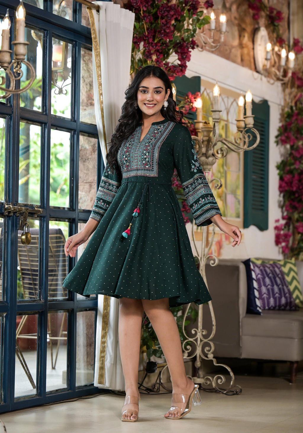 Juniper Green Ethnic Motif Printed Liva Rayon Dress With Dori & Sequin - Distacart