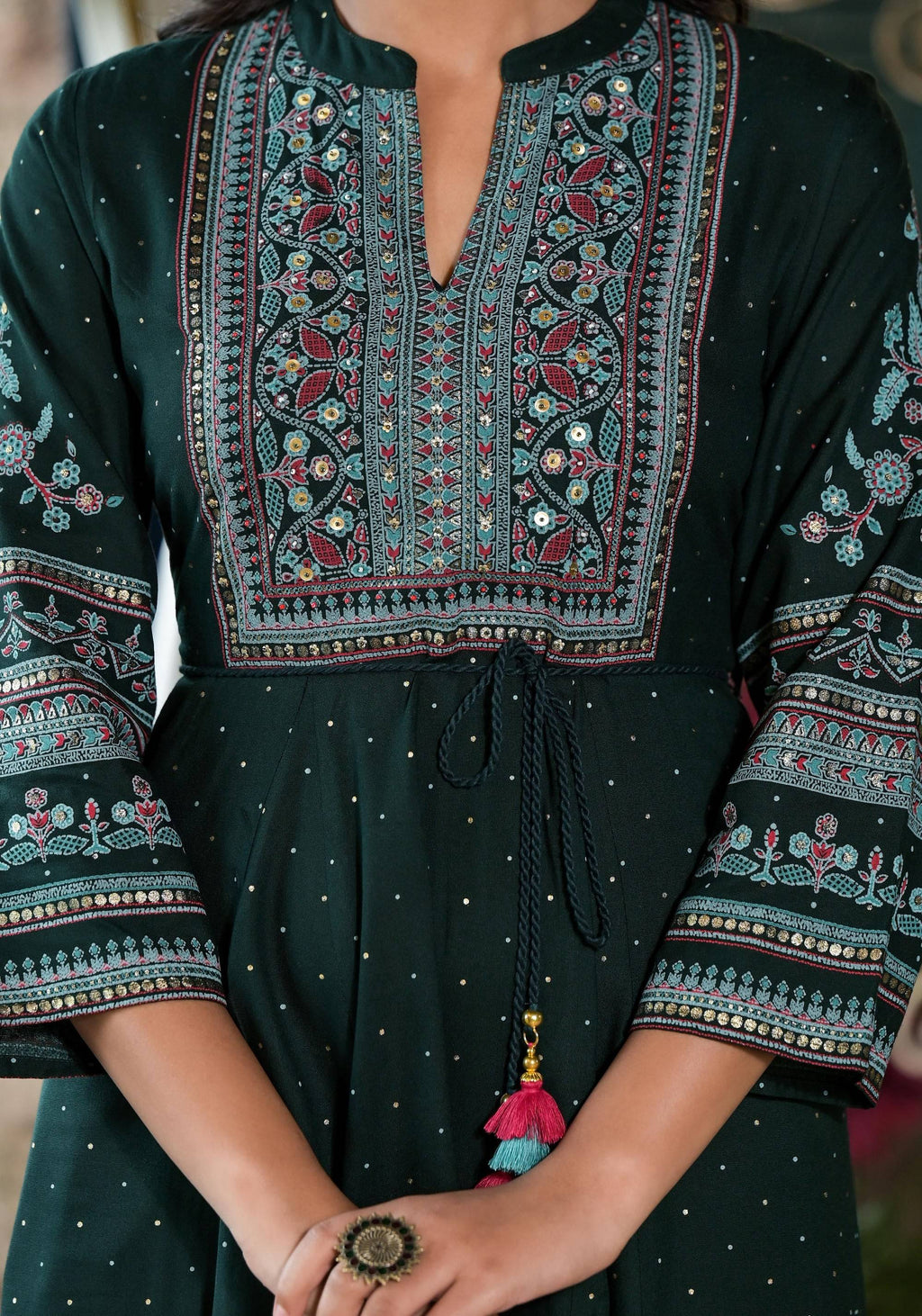 Juniper Green Ethnic Motif Printed Liva Rayon Dress With Dori & Sequin - Distacart