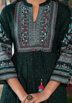 Juniper Green Ethnic Motif Printed Liva Rayon Dress With Dori & Sequin - Distacart