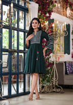 Juniper Green Ethnic Motif Printed Liva Rayon Dress With Dori & Sequin - Distacart