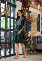 Juniper Green Ethnic Motif Printed Liva Rayon Dress With Dori & Sequin - Distacart