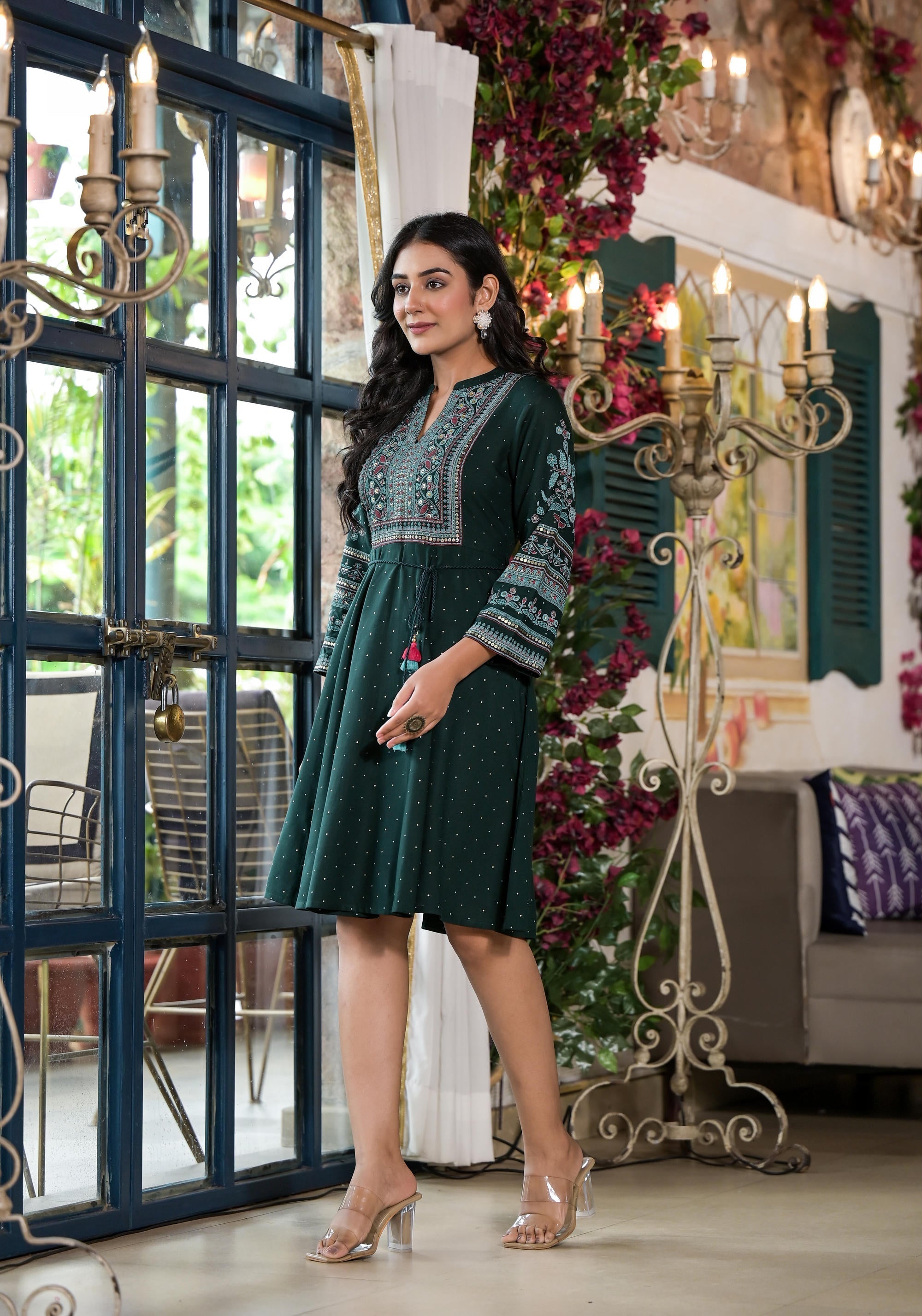 Juniper Green Ethnic Motif Printed Liva Rayon Dress With Dori & Sequin - Distacart