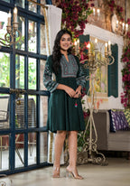 Juniper Green Ethnic Motif Printed Liva Rayon Dress With Dori & Sequin - Distacart