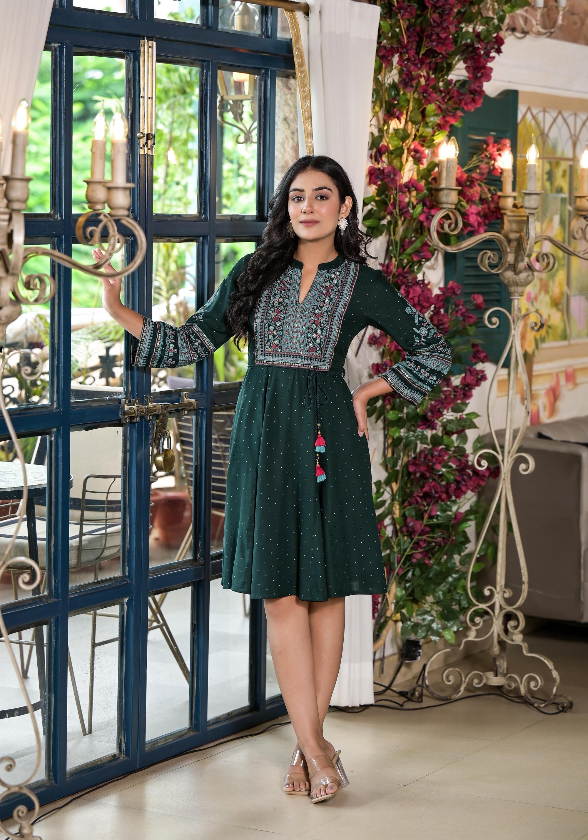 Juniper Green Ethnic Motif Printed Liva Rayon Dress With Dori & Sequin - Distacart