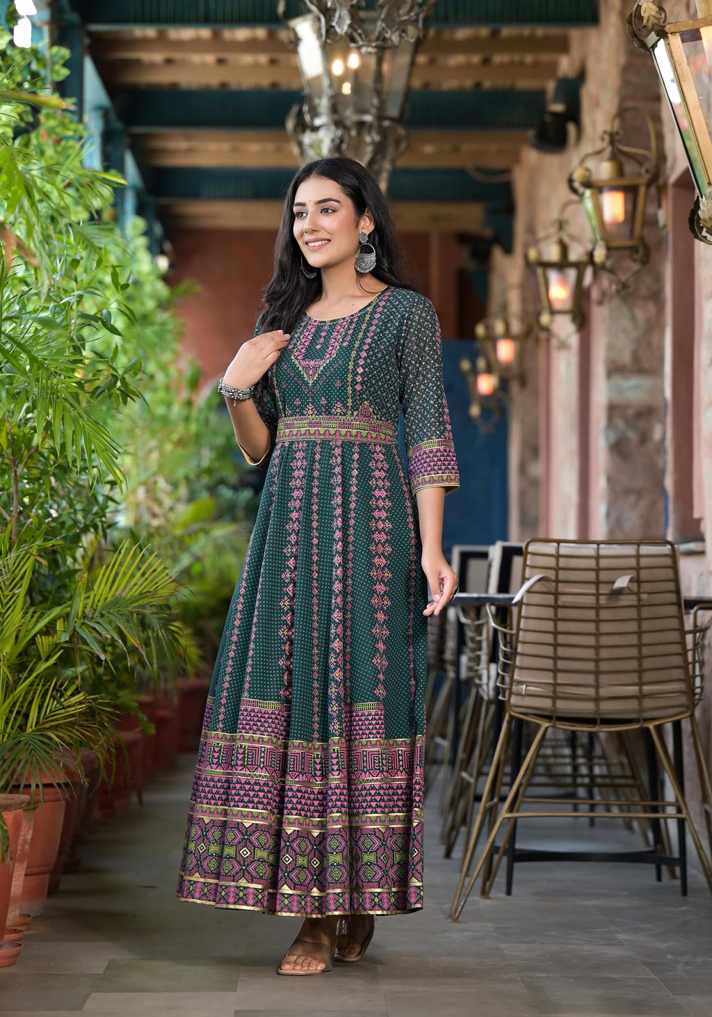 Juniper Green Ethnic Motif Printed Georgette Maxi Dress With Sequins Gota Patti - Distacart