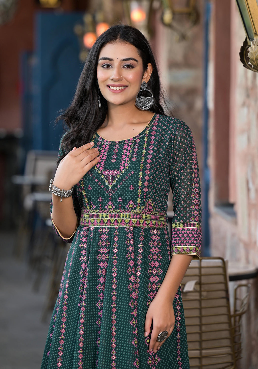 Juniper Green Ethnic Motif Printed Georgette Maxi Dress With Sequins Gota Patti - Distacart