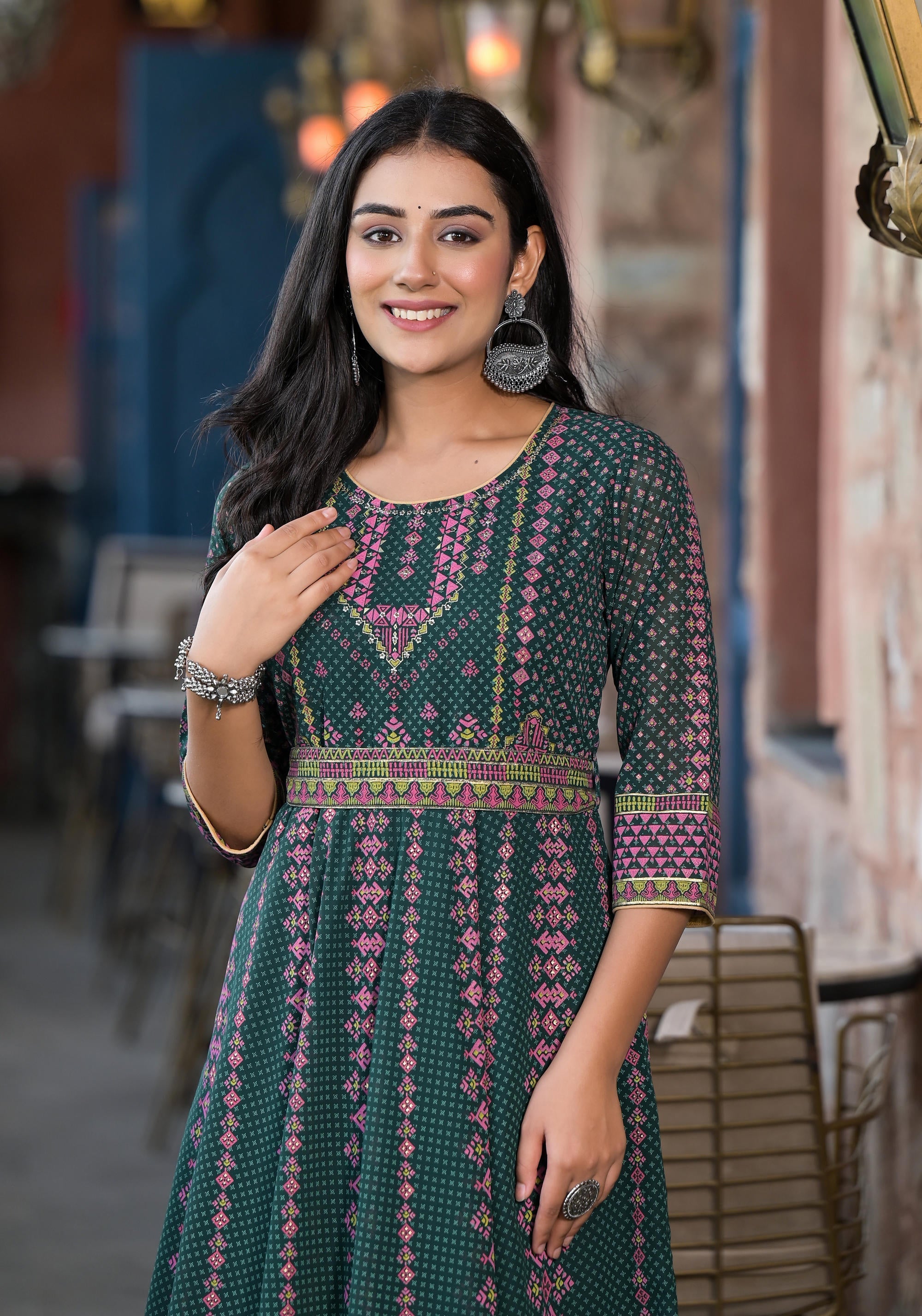 Juniper Green Ethnic Motif Printed Georgette Maxi Dress With Sequins Gota Patti - Distacart