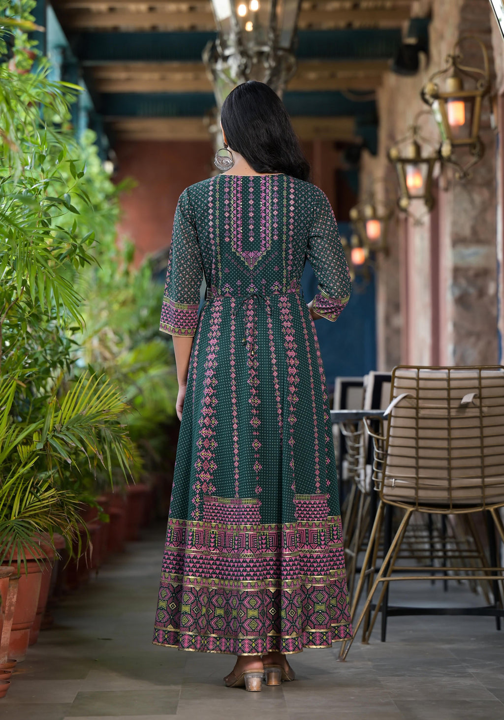 Juniper Green Ethnic Motif Printed Georgette Maxi Dress With Sequins Gota Patti - Distacart