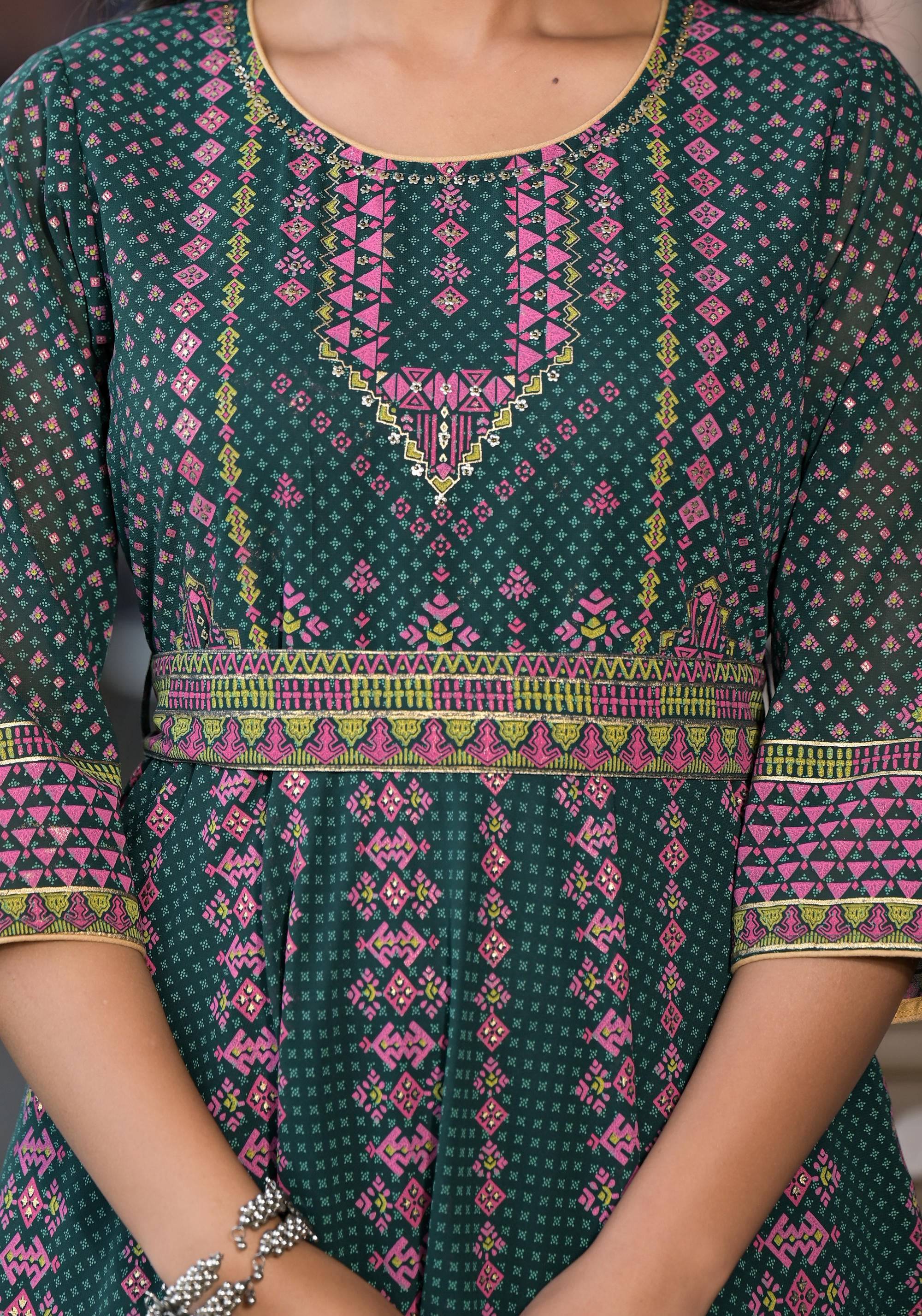 Juniper Green Ethnic Motif Printed Georgette Maxi Dress With Sequins Gota Patti - Distacart