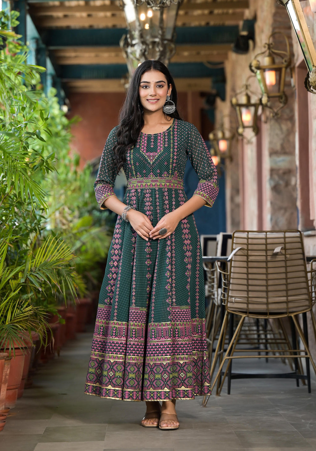Juniper Green Ethnic Motif Printed Georgette Maxi Dress With Sequins Gota Patti - Distacart