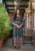 Juniper Green Ethnic Motif Printed Georgette Maxi Dress With Sequins Gota Patti - Distacart