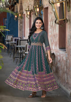 Juniper Green Ethnic Motif Printed Georgette Maxi Dress With Sequins Gota Patti - Distacart