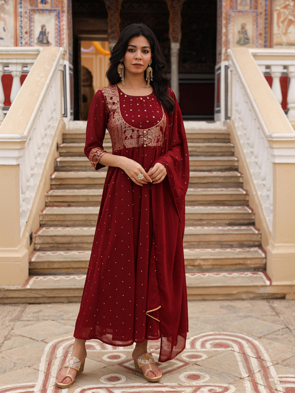 Juniper Maroon Ethnic Motif Printed Georgette Kurta & Dupatta Set With Coins & Lace - Distacart