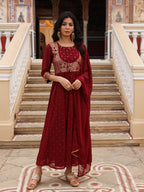 Juniper Maroon Ethnic Motif Printed Georgette Kurta & Dupatta Set With Coins & Lace - Distacart