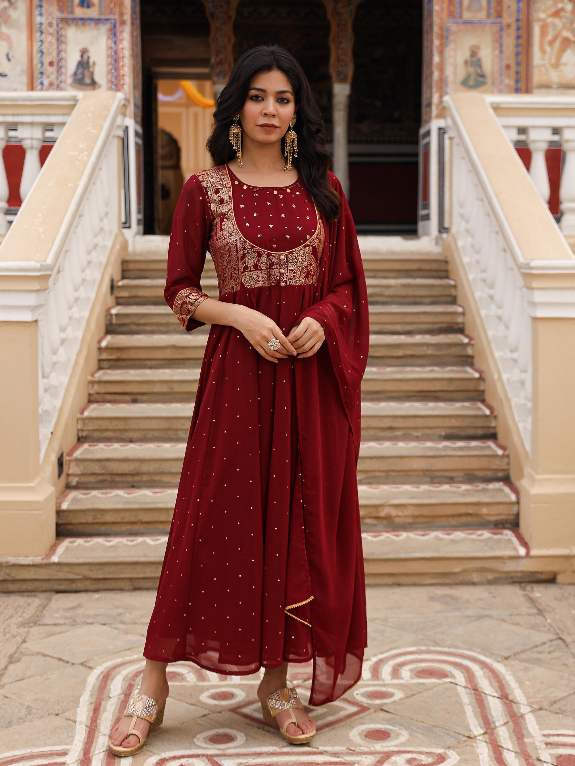 Juniper Maroon Ethnic Motif Printed Georgette Kurta & Dupatta Set With Coins & Lace - Distacart
