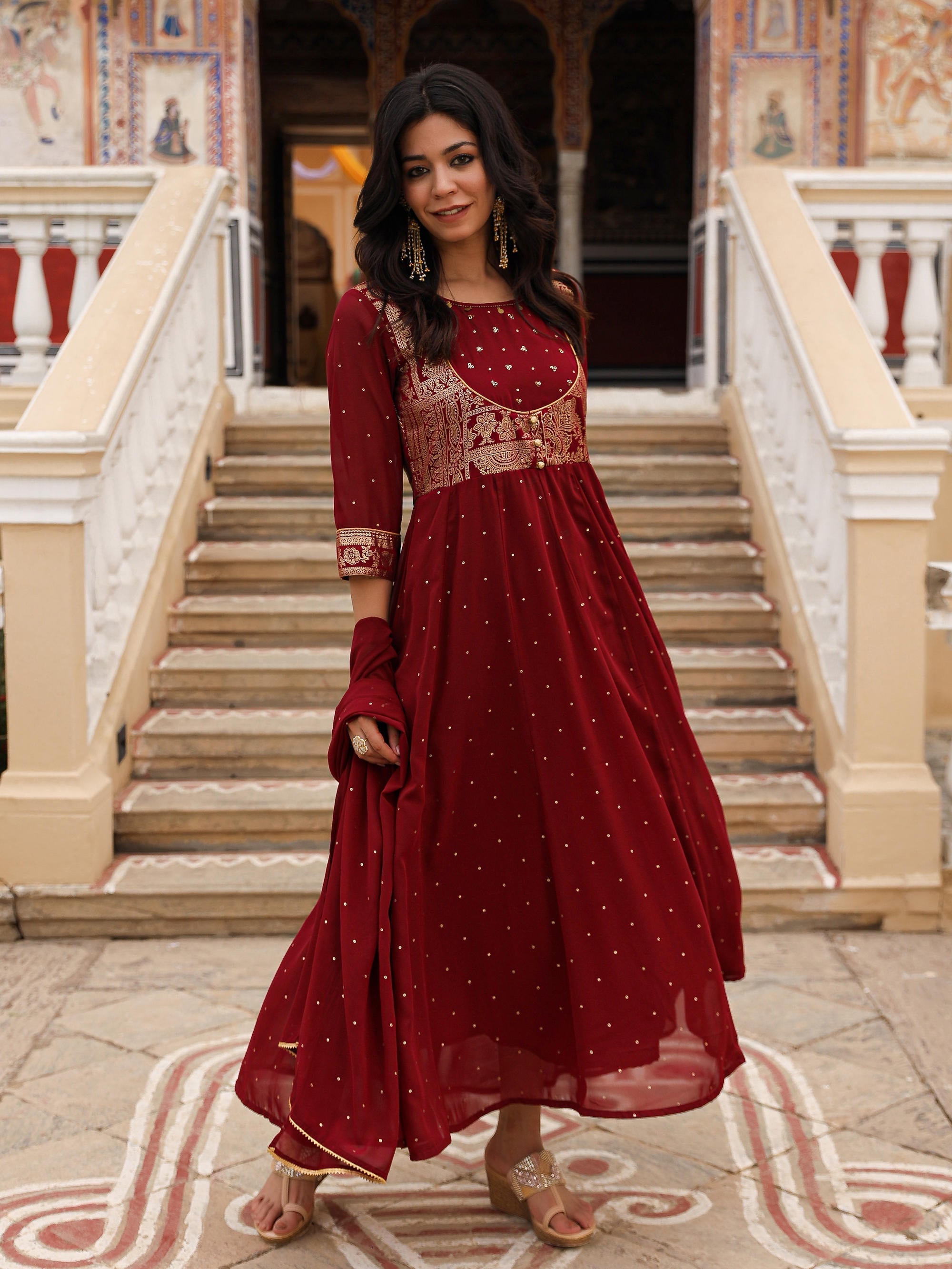 Juniper Maroon Ethnic Motif Printed Georgette Kurta & Dupatta Set With Coins & Lace - Distacart
