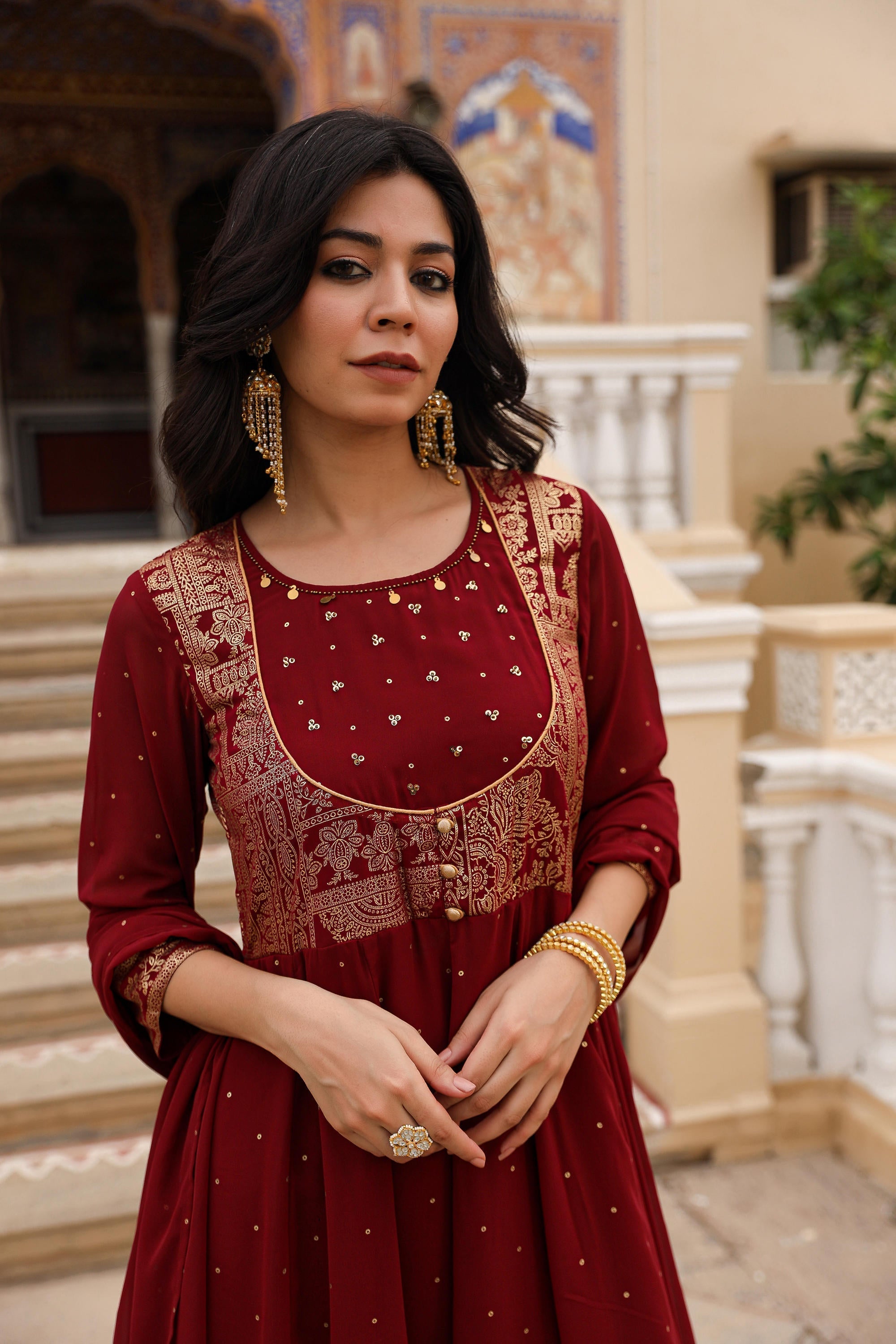 Juniper Maroon Ethnic Motif Printed Georgette Kurta & Dupatta Set With Coins & Lace - Distacart