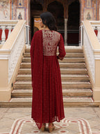 Juniper Maroon Ethnic Motif Printed Georgette Kurta & Dupatta Set With Coins & Lace - Distacart