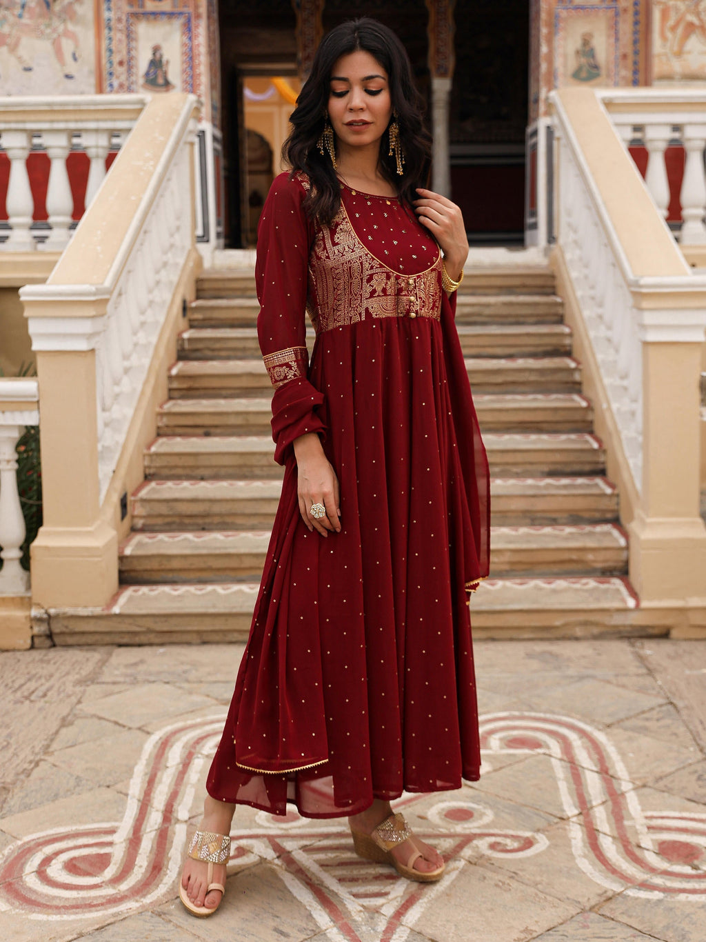 Juniper Maroon Ethnic Motif Printed Georgette Kurta & Dupatta Set With Coins & Lace - Distacart
