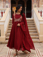 Juniper Maroon Ethnic Motif Printed Georgette Kurta & Dupatta Set With Coins & Lace - Distacart