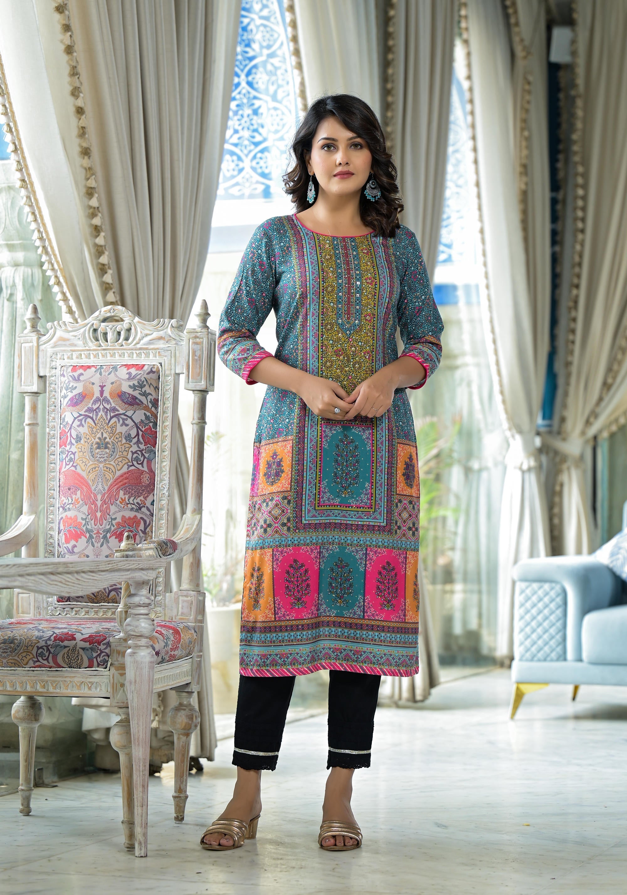 Juniper Blue Floral Printed Liva Rayon Kurta With Beads & Sequins Work