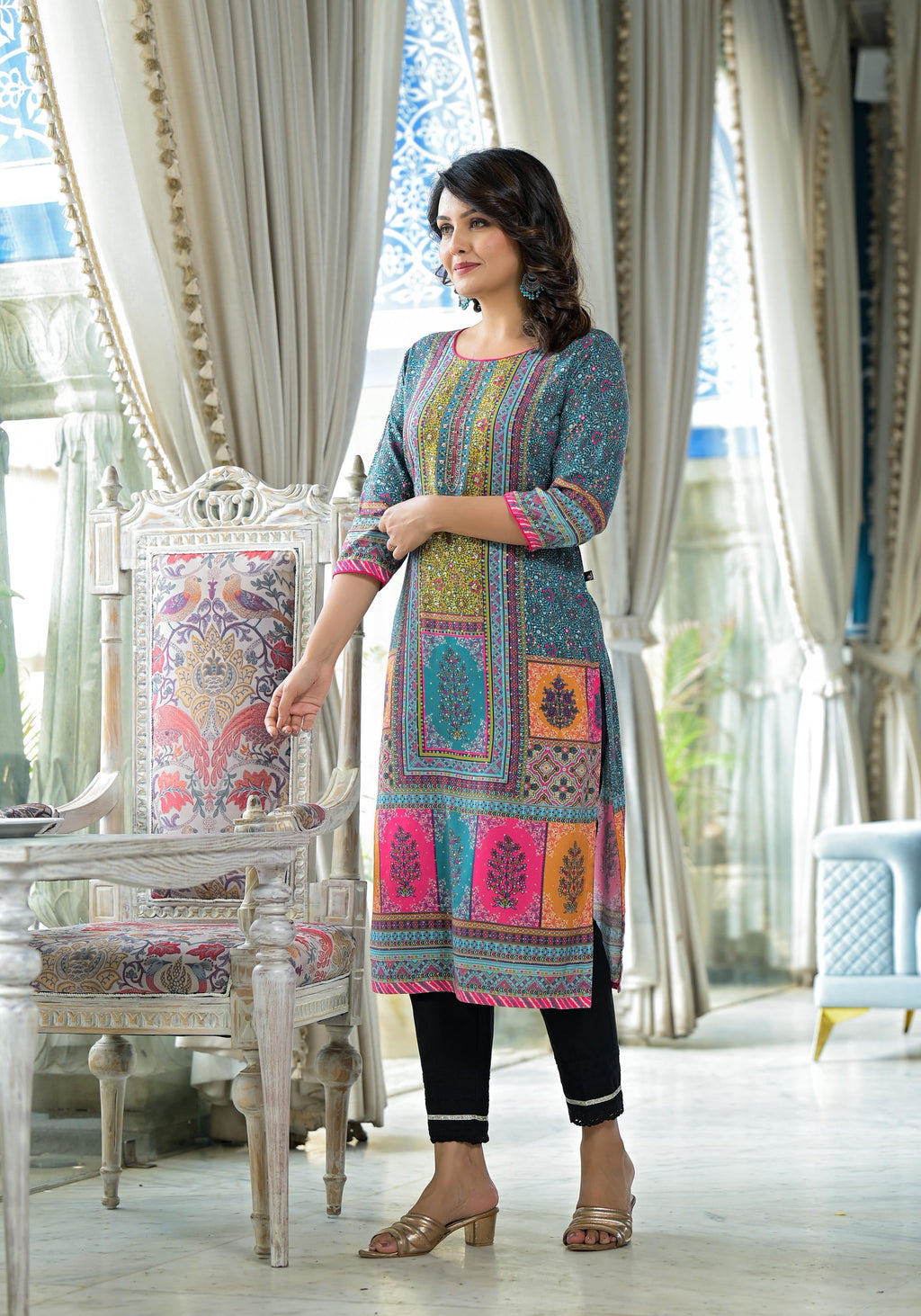Juniper Blue Floral Printed Liva Rayon Kurta With Beads & Sequins Work