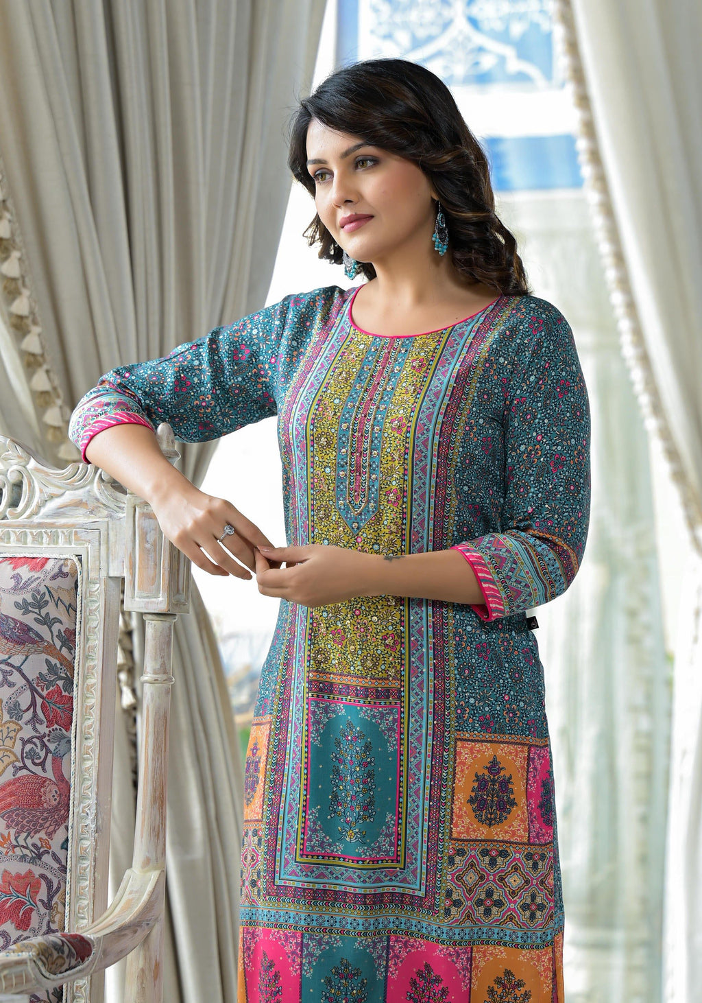 Juniper Blue Floral Printed Liva Rayon Kurta With Beads & Sequins Work