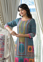 Juniper Blue Floral Printed Liva Rayon Kurta With Beads & Sequins Work