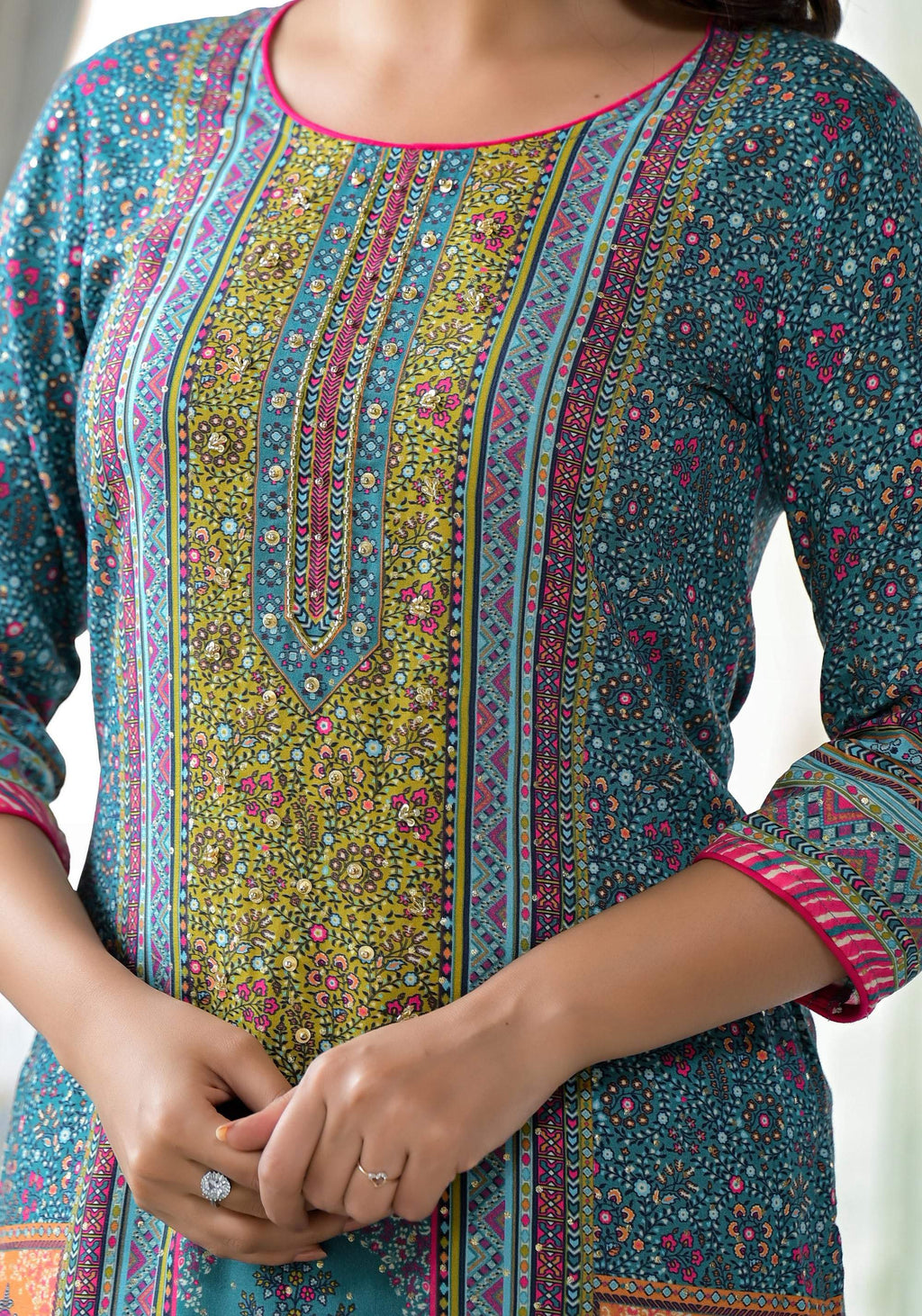 Juniper Blue Floral Printed Liva Rayon Kurta With Beads & Sequins Work