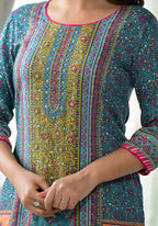 Juniper Blue Floral Printed Liva Rayon Kurta With Beads & Sequins Work