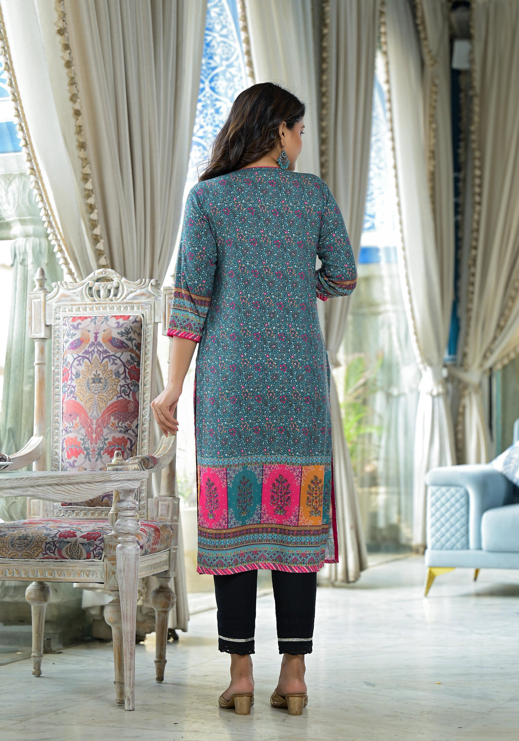 Juniper Blue Floral Printed Liva Rayon Kurta With Beads & Sequins Work