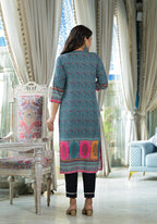 Juniper Blue Floral Printed Liva Rayon Kurta With Beads & Sequins Work