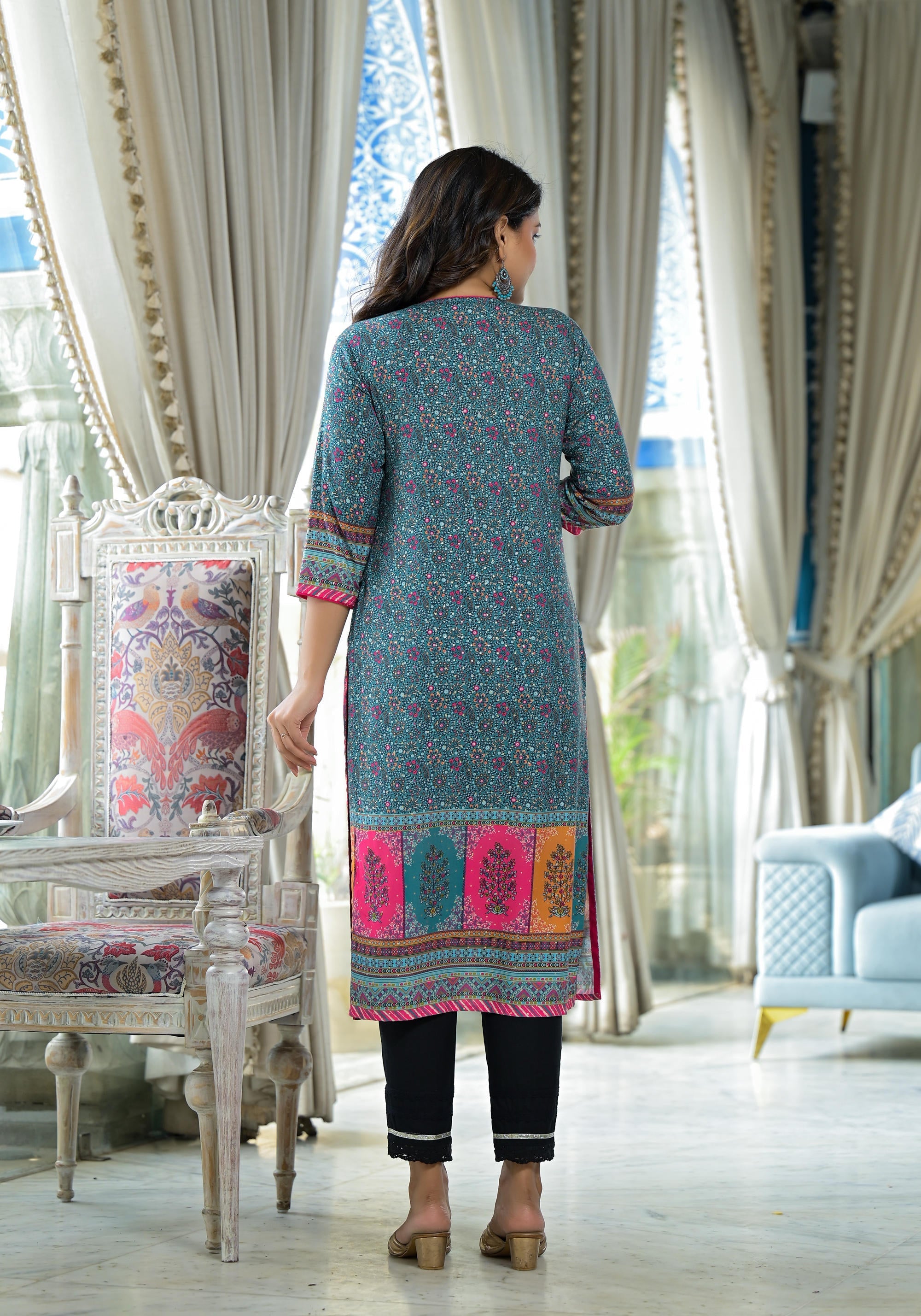 Juniper Blue Floral Printed Liva Rayon Kurta With Beads & Sequins Work