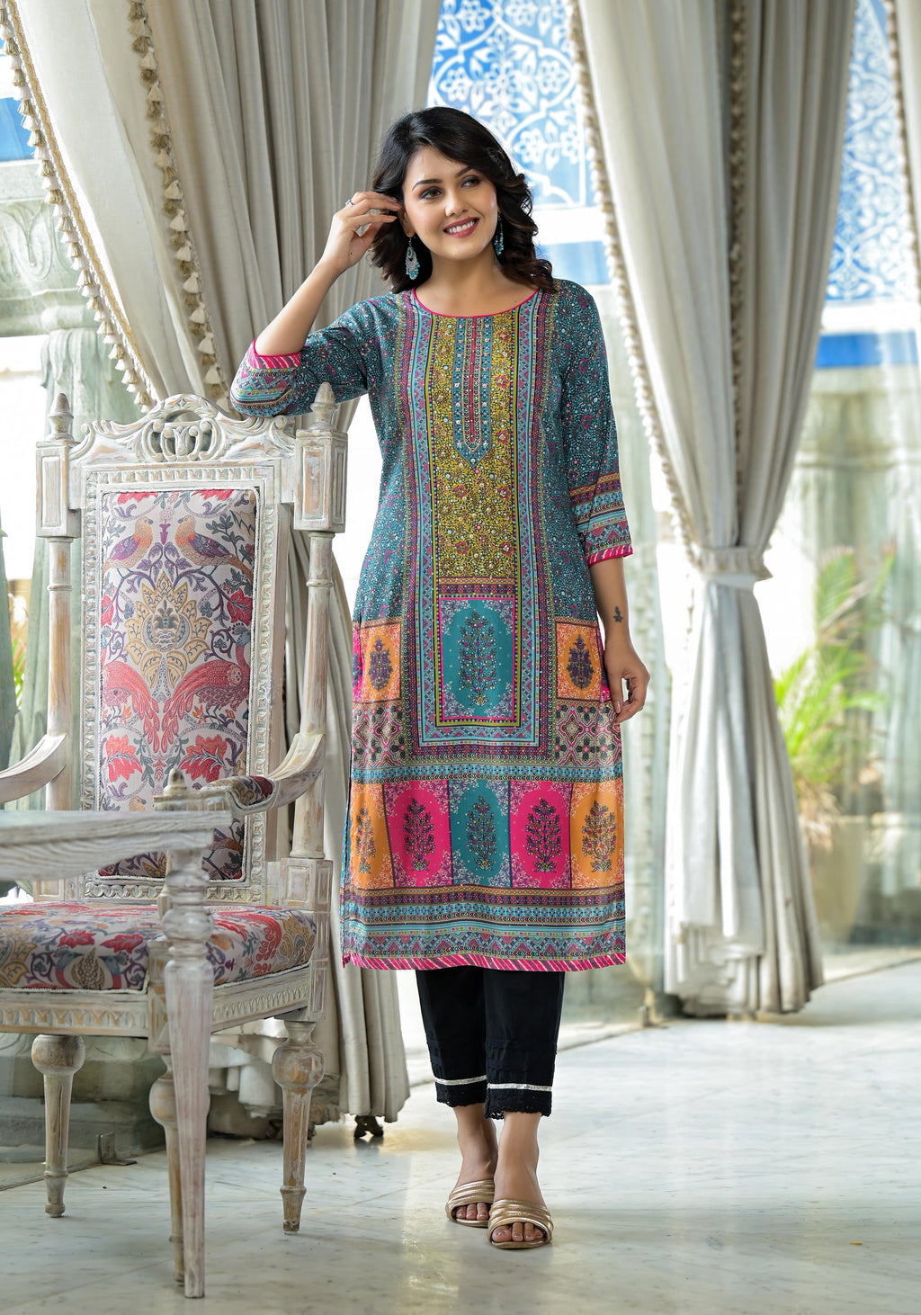 Juniper Blue Floral Printed Liva Rayon Kurta With Beads & Sequins Work