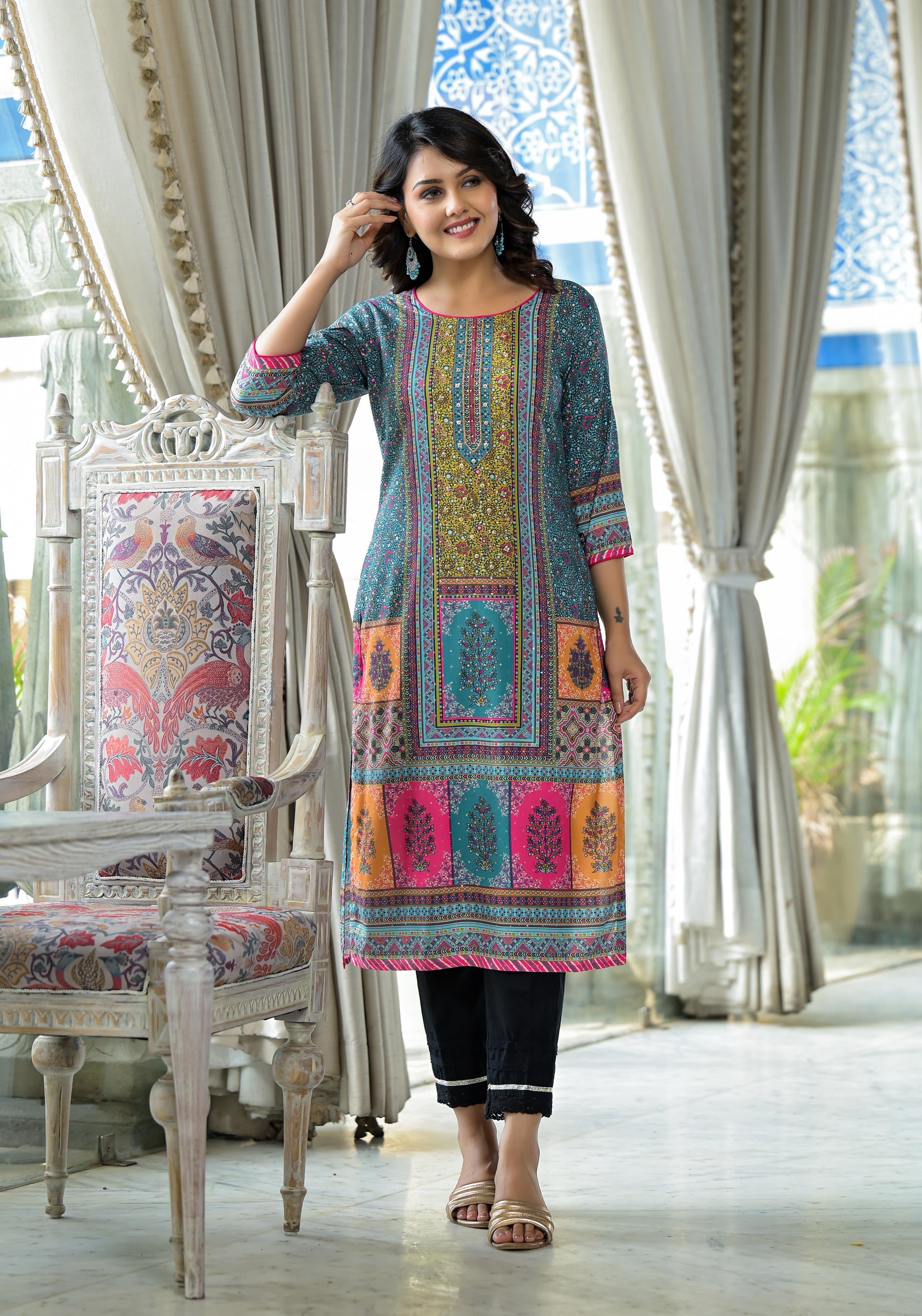 Juniper Blue Floral Printed Liva Rayon Kurta With Beads & Sequins Work
