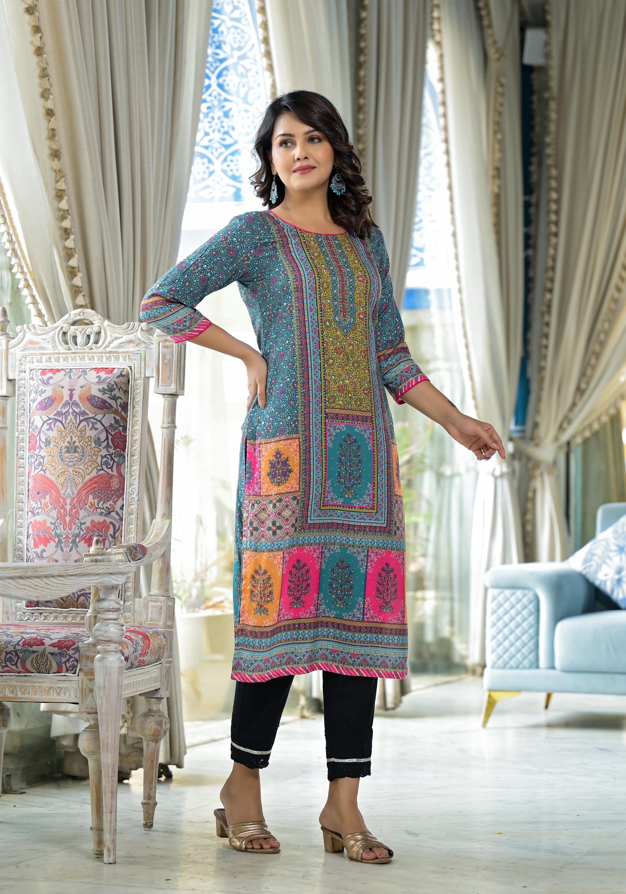 Juniper Blue Floral Printed Liva Rayon Kurta With Beads & Sequins Work
