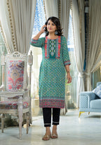 Juniper Teal Ethnic Motif Printed Liva Rayon Kurta With Sequins & Gota Patti Work - Distacart