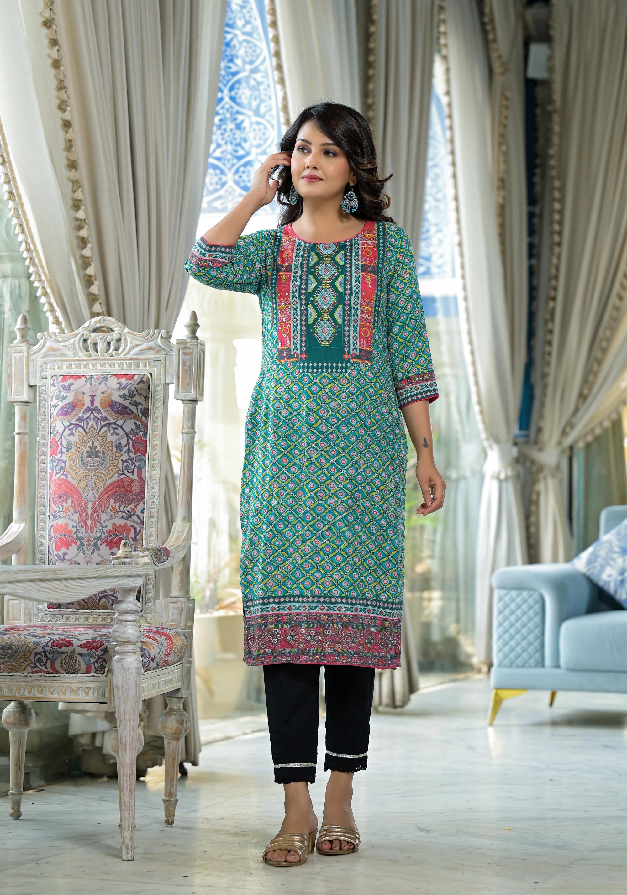Juniper Teal Ethnic Motif Printed Liva Rayon Kurta With Sequins & Gota Patti Work - Distacart