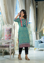 Juniper Teal Ethnic Motif Printed Liva Rayon Kurta With Sequins & Gota Patti Work - Distacart