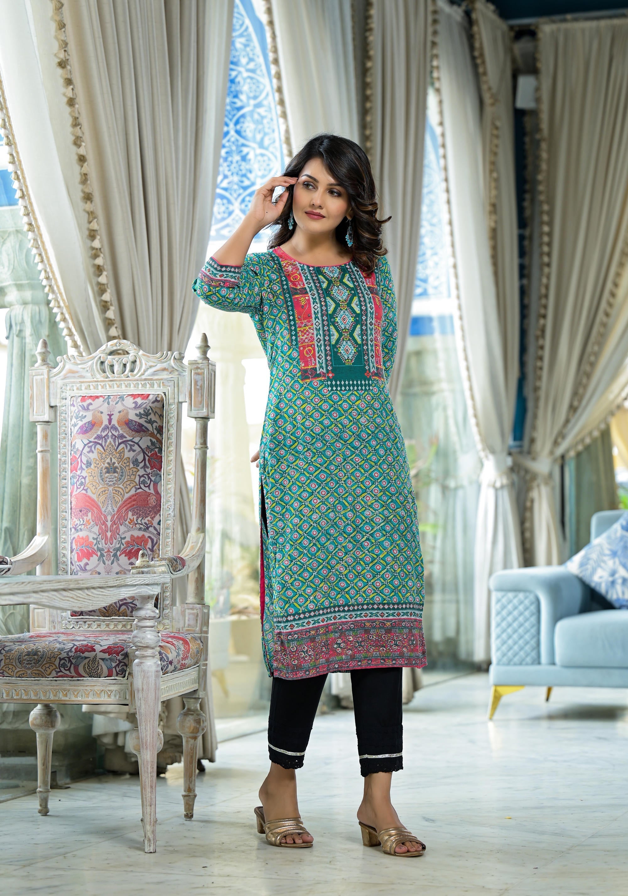 Juniper Teal Ethnic Motif Printed Liva Rayon Kurta With Sequins & Gota Patti Work - Distacart