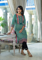 Juniper Teal Ethnic Motif Printed Liva Rayon Kurta With Sequins & Gota Patti Work - Distacart