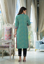 Juniper Teal Ethnic Motif Printed Liva Rayon Kurta With Sequins & Gota Patti Work - Distacart