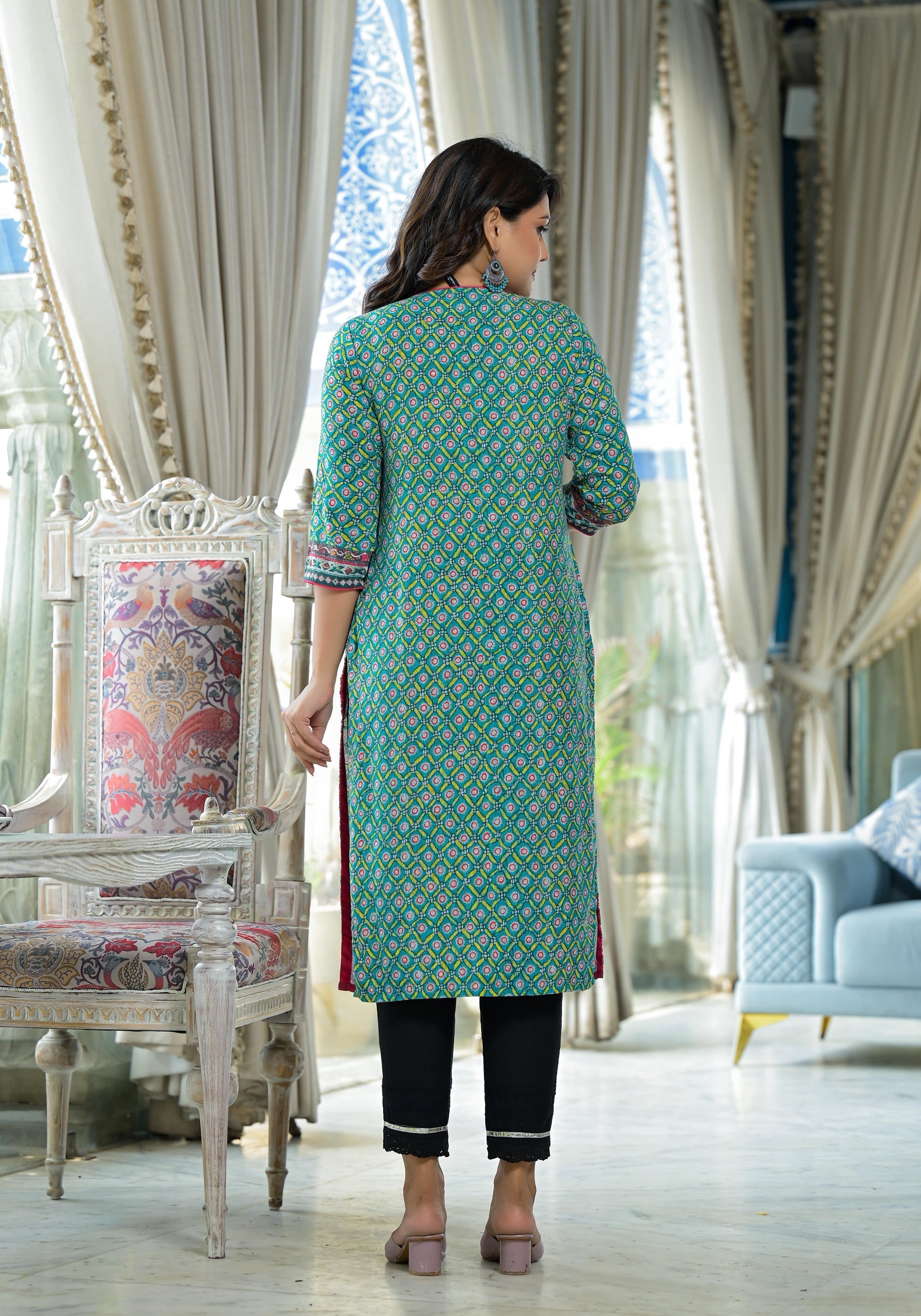Juniper Teal Ethnic Motif Printed Liva Rayon Kurta With Sequins & Gota Patti Work - Distacart