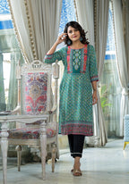 Juniper Teal Ethnic Motif Printed Liva Rayon Kurta With Sequins & Gota Patti Work - Distacart