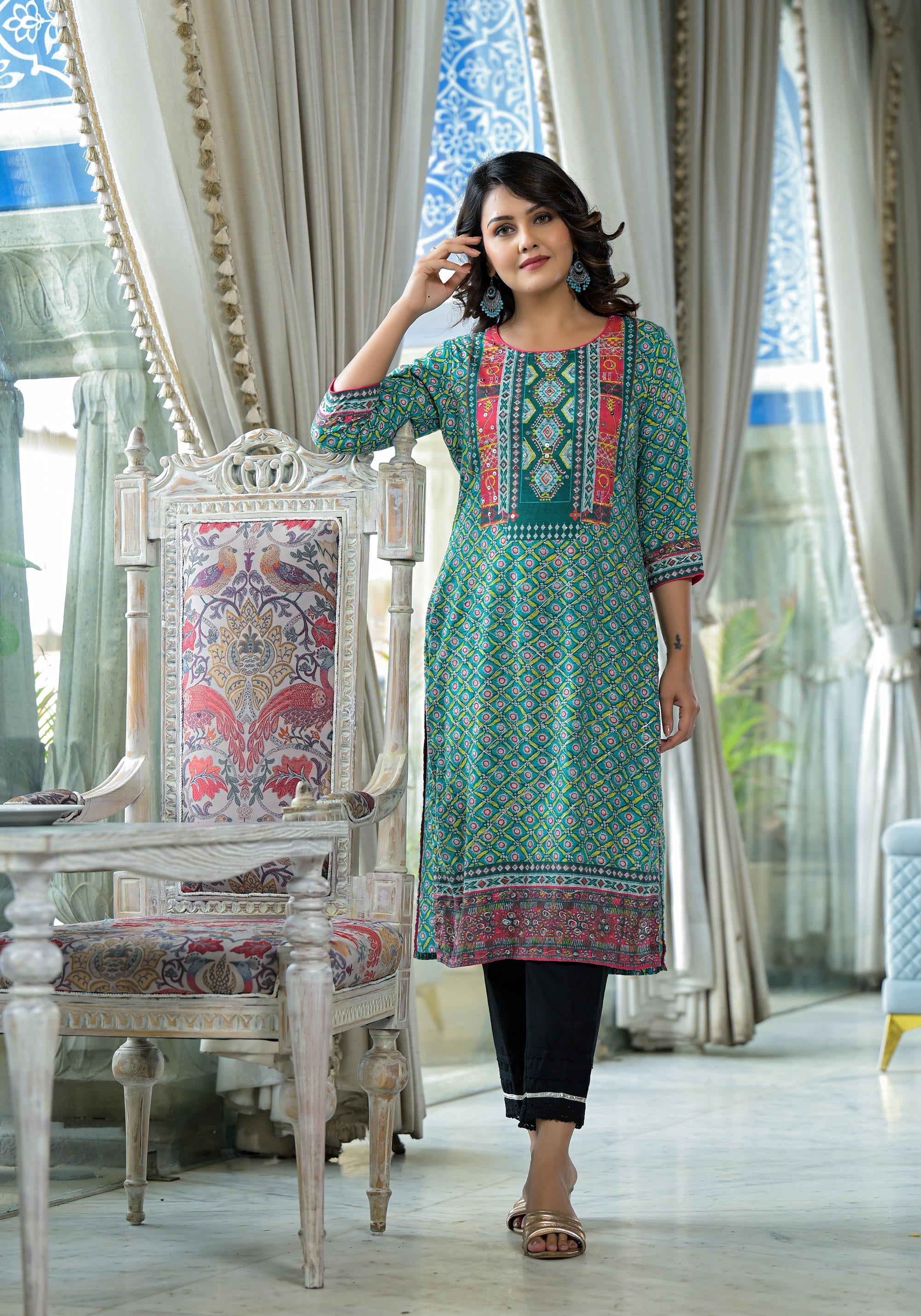 Juniper Teal Ethnic Motif Printed Liva Rayon Kurta With Sequins & Gota Patti Work - Distacart